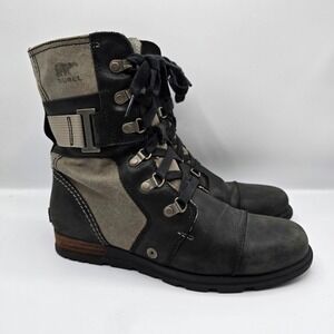 Sorel Major Carly Women's Black Canvas Leather Lace Up Zip Ankle Boots Size 8.5